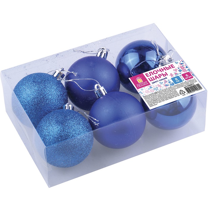 Шары ЗОЛОТАЯ СКАЗКА, 6шт, 8см, "Trio", пластик, СИНИЕ (глянец,матовый, глиттер), 590872