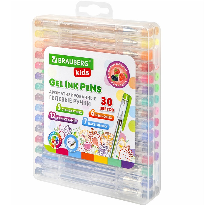 Ручки BRAUBERG KIDS гелевые АРОМАТИЗИРОВАННЫЕ НАБОР 30 ЦВ, "FRUITS" 143823