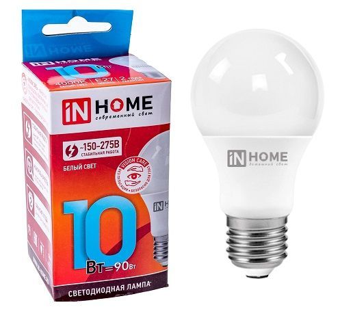 Лампа светодиодная IN HOME A60 10W/4000K/E27 4690612020211