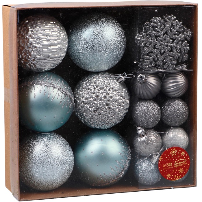 Ёлочные игрушки, набор 30 шт., «Торжество», d=7 и 3.5 см, снежинка-6.5 см, серебро/голубой