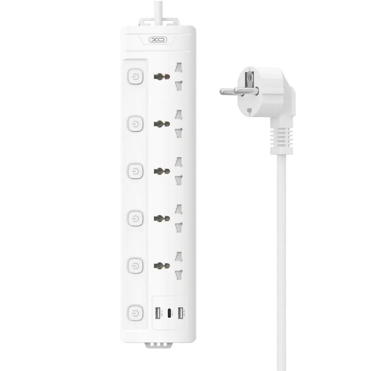 Сетевой фильтр XO WL19 long row 5AC jack+USB-A+1USB-C белый