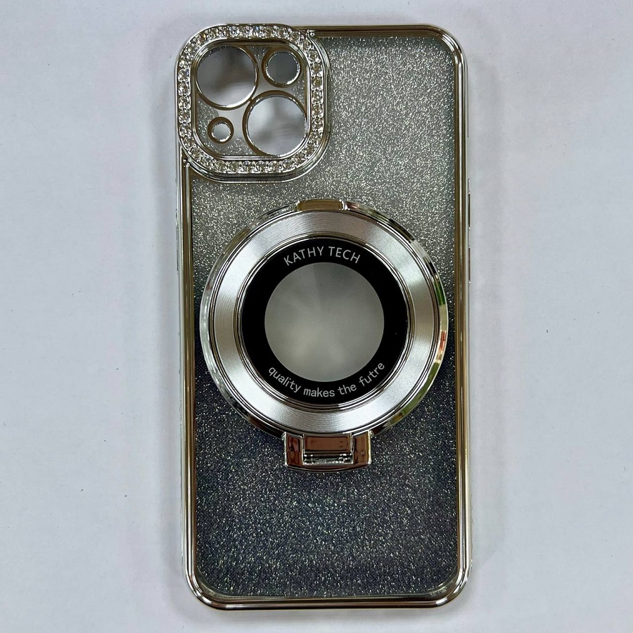 Cиликоновый чехол NONAME для iPhone 13/14  с гальваническим магнитным держателем цвет серебро