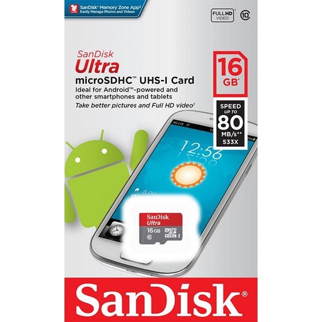 Micro SD 16GB SanDisk Class 10 Ultra 80 Mb/s без адаптера
