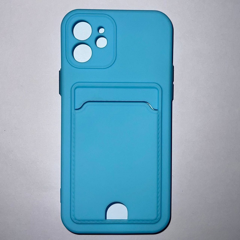 Силиконовый чехол BUTTON для iPhone 12, голубой, с карманом для пластиковых карт