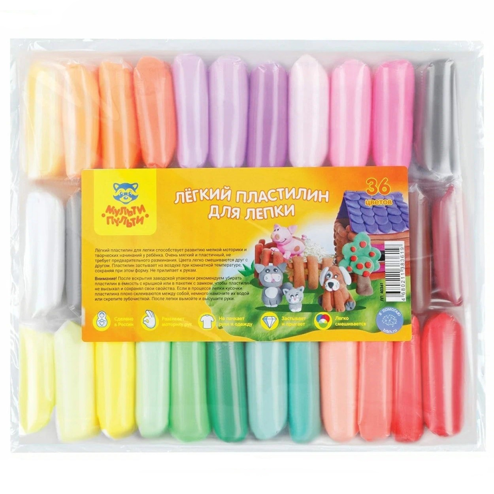 Легкий пластилин для лепки Мульти-Пульти, 36 цветов, 360г, прозрачный пакет ЛП_40361