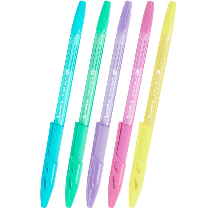 Ручка шариковая с грипом BRAUBERG "ULTRA GT PASTEL", СИНЯЯ, корпус ассорти