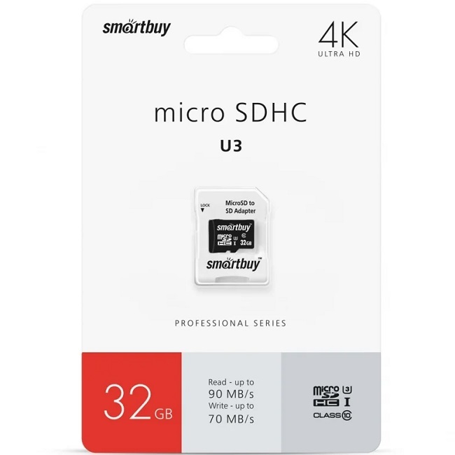 Micro SD 32Gb SmartBuy Сlass 10  Pro UHS-I U3 (70/90 Mb/s)+ адаптер SD