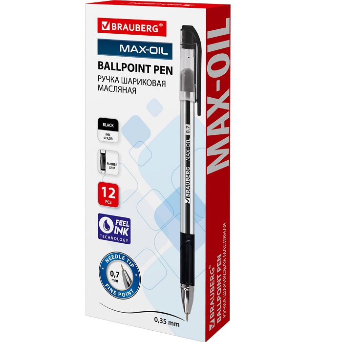 Ручка шариковая масляная с грипом BRAUBERG Max-Oil, ЧЕРНАЯ, игольч. узел 0,7мм, линия 0,35мм, 142142