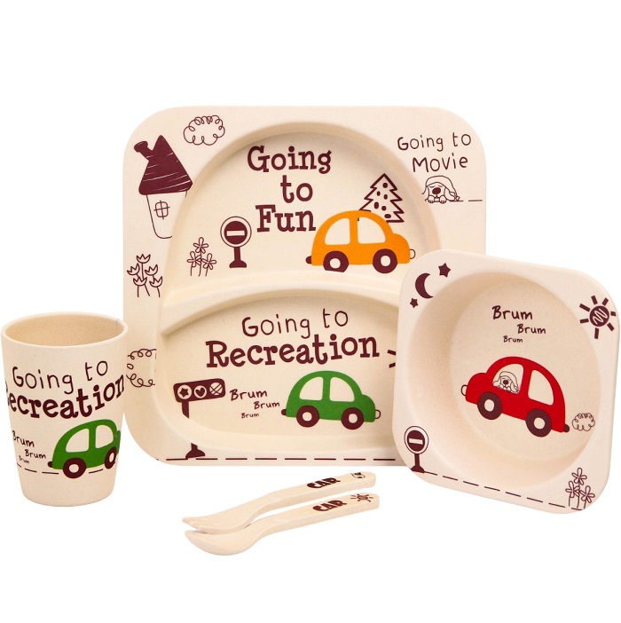 Детская посуда из бамбука в наборе «Машинки», тарелка, миска, стакан, приборы, 5 предметов
