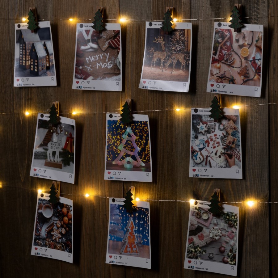 Гирлянда "Нить - Роса с насадками" 2 м, «Прищепки-ёлочки», свечение тёплое белое, ААх2, IP20