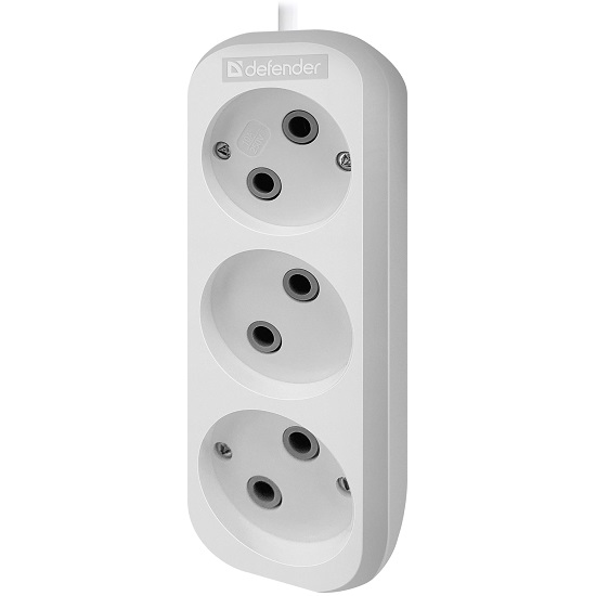 Сетевой удлинитель 10.0м DEFENDER B230 белый, 3 розетки, 10А/2200Вт, б/з, ПВС 2х1,0мм