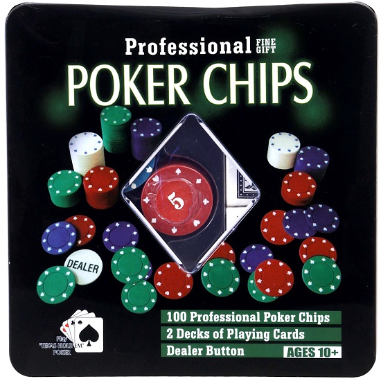 Набор для покера Professional Poker Chips: 100 фишек, 2 колоды карт по 54 шт., металлическая коробка