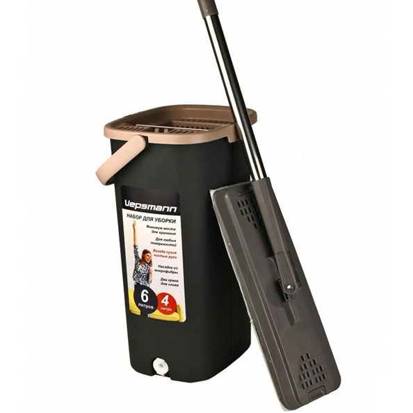 Швабра с ведром 10л VEPSMANN (ручка скл 120см, насадка м/ф 12*32см лип,10л(6+4),2слива),графит,VN-015