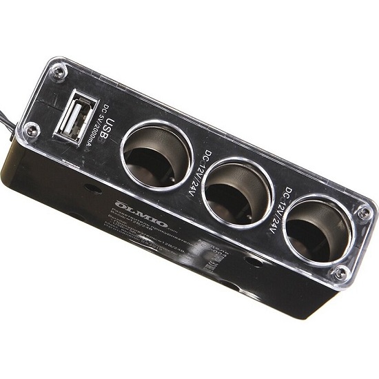 Разветвитель прикуривателя OLMIO CC-004 (3 порта + 1 порт USB 2.1A) черный