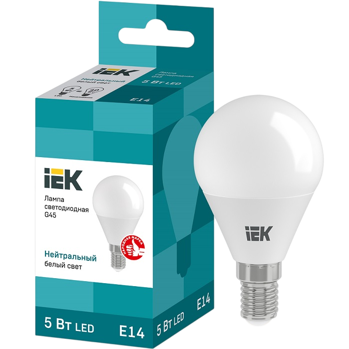 Лампа светодиодная IEK ECO G45 5W/4000К//Е14