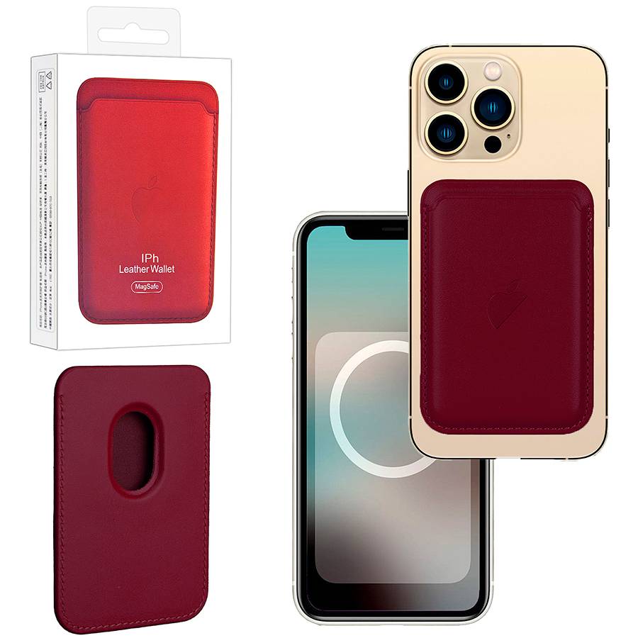 Кошелек для карт Leather Wallet Crimson iPhone 12-15 Pro Max (Анимация NFC Clear) с лого