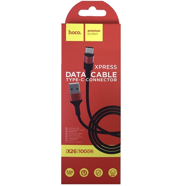 Кабель USB <--> Type-C  1.0м HOCO X26 Xpress ткань, чёрный, красная вставка