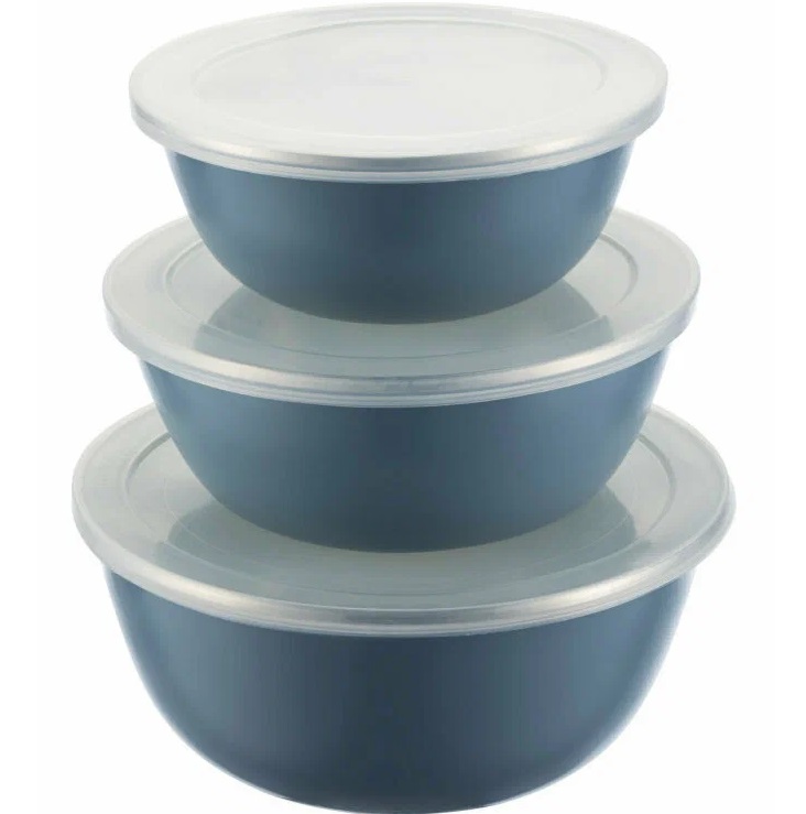 Набор эмалированных мисок REGENT Linea SMALTO, серо-голубой,  3шт, с пласт.кр.14/16/18см; 0,6/0,8/1,4л Linea SMALTO (93-EM-SM-S02)