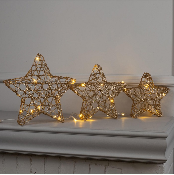 Светодиодная фигура «Звёзды золотистые» 20, 25, 30 см, металл, 220 В, свечение тёплое белое 5049761