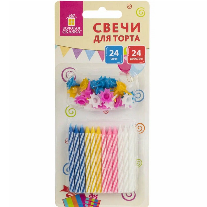 Набор свечей для торта 24 шт., 6 см, 24 держателя, ЗОЛОТАЯ СКАЗКА
