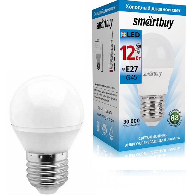 Лампа светодиодная SMARTBUY G45 12W/6000K/E27 (холодный свет)