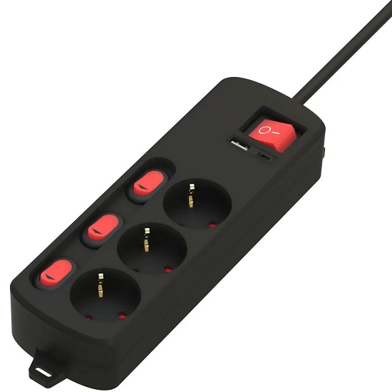 Сетевые фильтр 2.0м RITMIX RM-231CKOP Black, 3 розетки, индивид, выкл, 16A