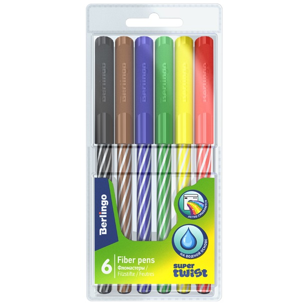 Фломастеры Berlingo "SuperTwist", 06цв., смываемые, рисунок на корпусе, блистер WP_03006