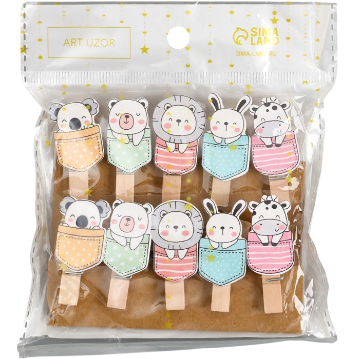 Декор для творчества дерево "Прищепка. Зверята в кармашках" набор 10 шт 3,8х2х1,2 см 9917766