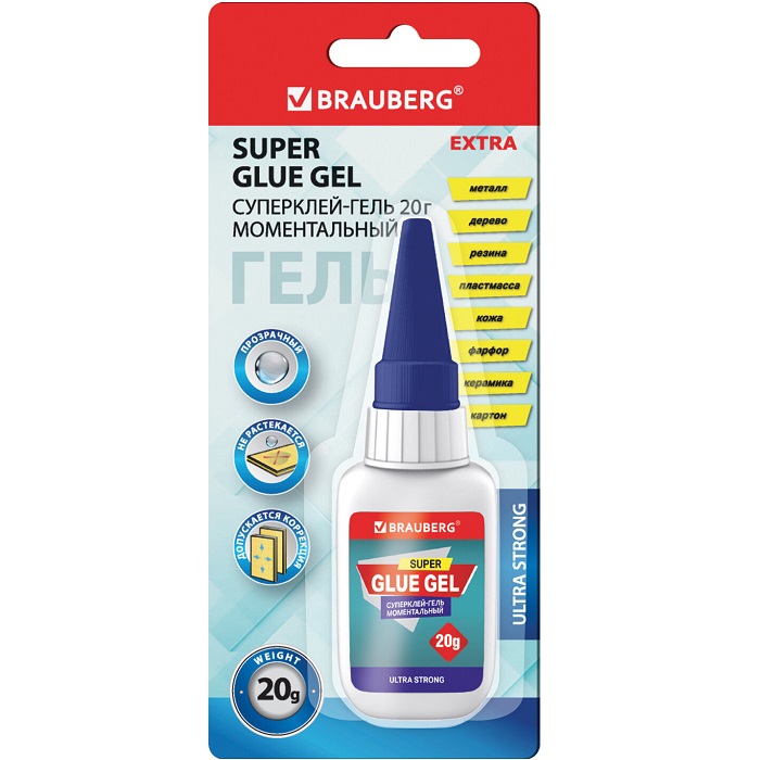 Клей-Гель моментальный ультрапрочный суперклей BRAUBERG EXTRA 20 грамм, МАКСИМАЛЬНЫЙ ОБЪЕМ, 608102