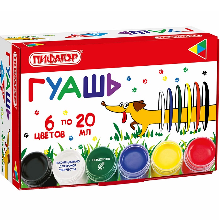 Гуашь ПИФАГОР "ВЕСЕЛАЯ ТАКСА", 6 цветов по 20 мл, 192378