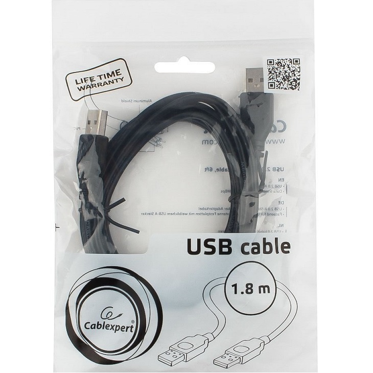 Кабель USB <--> USB 1.8м Cablexpert CCP-USB2-AMAM-6 экран, черный, пакет