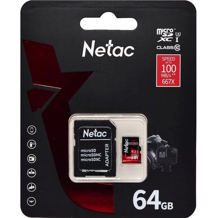MicroSD 64GB Netac P500 Extreme Pro Class 10 UHS-I A1 V30 (100 Mb/s) + SD адаптер