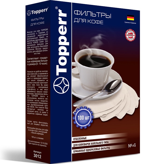 Фильтр бумажный для кофеварок TOPPERR 3012, №4 (100шт.), отбеленный