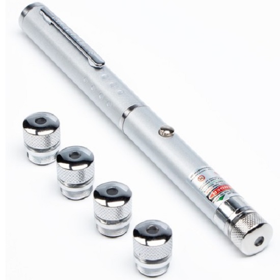 Лазерная указка, 532 нм, 4 насадки, 2 ААА, зеленый луч   9909162