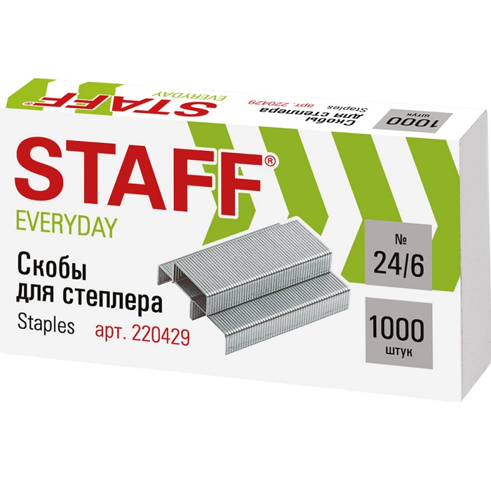 Скобы для степлера №24/6, 1000 штук, STAFF "EVERYDAY", до 30 листов, 220429