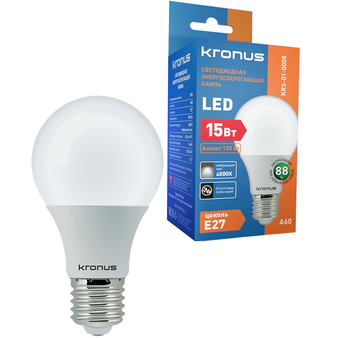 Лампа светодиодная KRONUS A60 15W/4000K/E27 нейтральный свет (10/100)