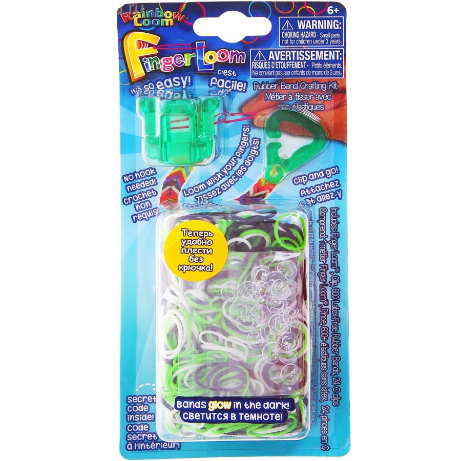 Набор для творчества FINGER LOOM, в комплекте: резиночки, светящ.в темноте, клипсы, зелёный станок