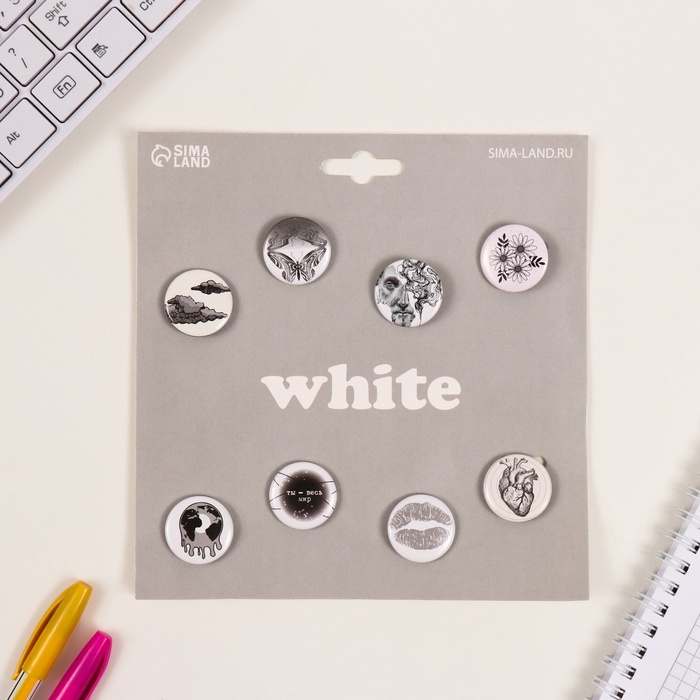 Набор значков на одежду, рюкзак, сумку «Белые», 8 шт., d=25 мм, 10331501