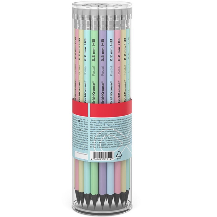 Карандаш чернографитный с ластиком ErichKrause Pastel, HB, круглый в тубусе, МИКС
