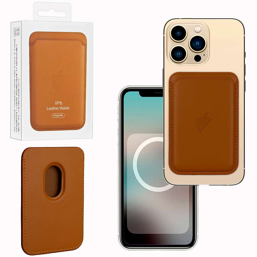 Кошелек для карт Leather Wallet Golden Brown iPhone 12-15 Pro Max (Анимация NFC Clear) с лого