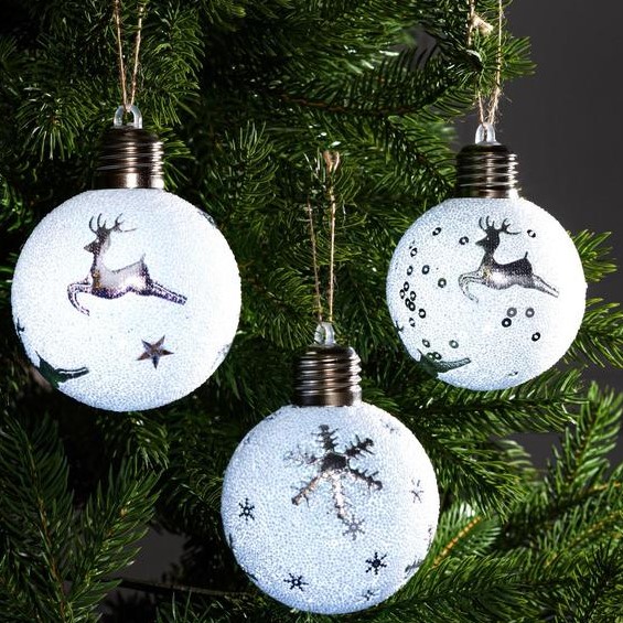 Набор шаров «Серебристые узоры» 3 шт., батарейки, 1 LED, свечение белое