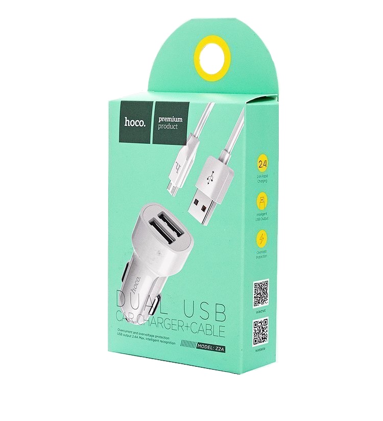 Авто ЗУ 2USB HOCO Z2A, + кабель USB <-->Micro-USB, белый