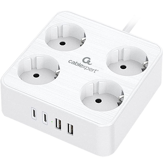 Сетевой фильтр  2.0м CABLEXPERT Plate, PLT-4-C2U2-W-2, белый, 4 розетки, 10А, 2Type-C PD, 20Вт, 2USB, 2.4A, 2м, ур.защиты 4+, коробка