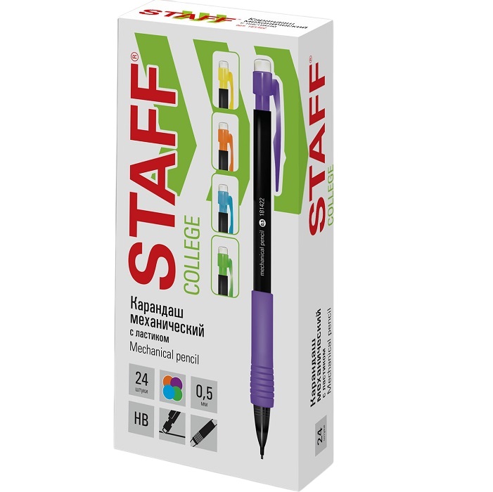 Карандаш механический 0,5мм, STAFF College MP-422, ластик, рез.грип, корп. чер., дет.ассорти,181422