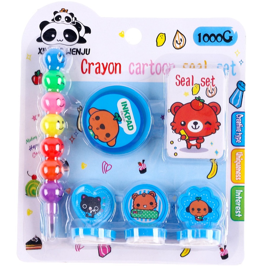 Набор : печать 3 шт., штемпельная подушка, карандаш 7 цв, голубой 9807241