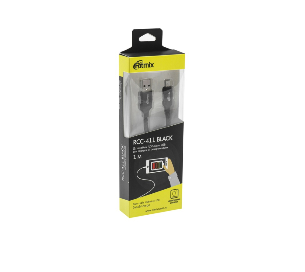 Кабель USB <--> microUSB  1.0м RITMIX RCC-411 черный, нейлоновая оплётка