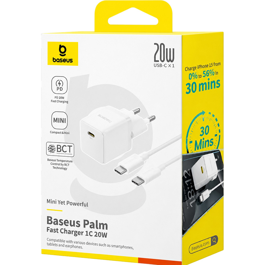 Сетевое ЗУ Baseus Palm Fast Charger 1C, Moon White, Type-C, 20W