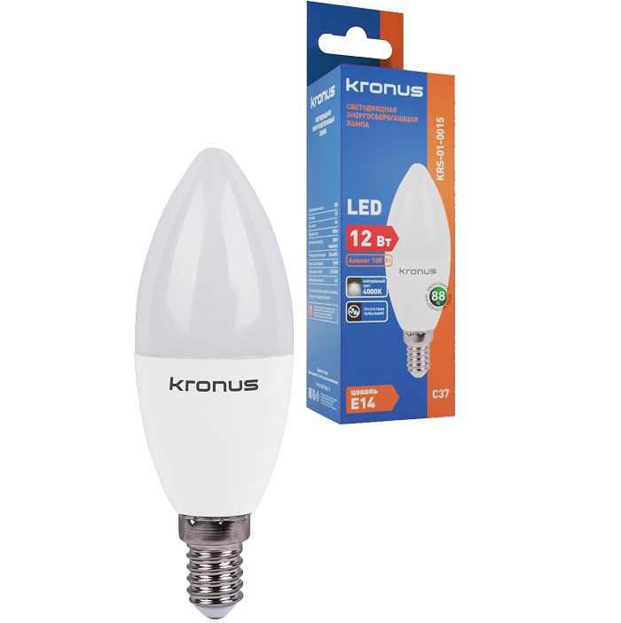 Лампа светодиодная KRONUS C37 свеча 12W/4000K/E14 нейтральный свет (10/100)