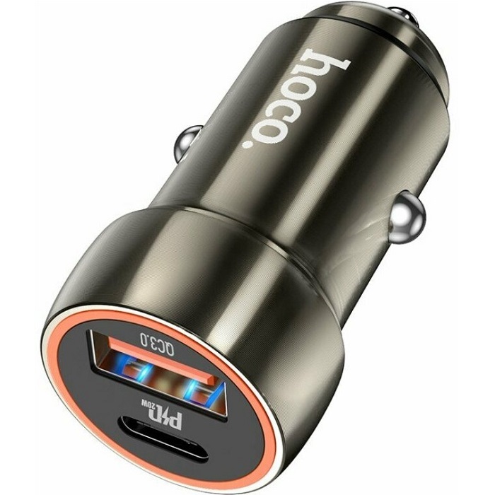 Авто ЗУ 1USB/1Type-C 3A HOCO Z46A, Blue whale, серый металлик, 18Вт
