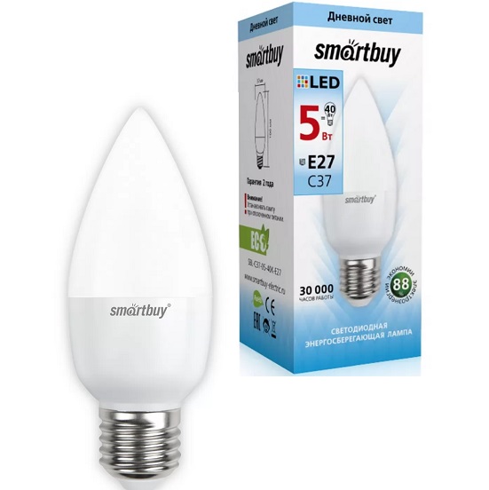 Лампа светодиодная SMARTBUY C37 свеча 5W/4000K/E27 (дневной свет)